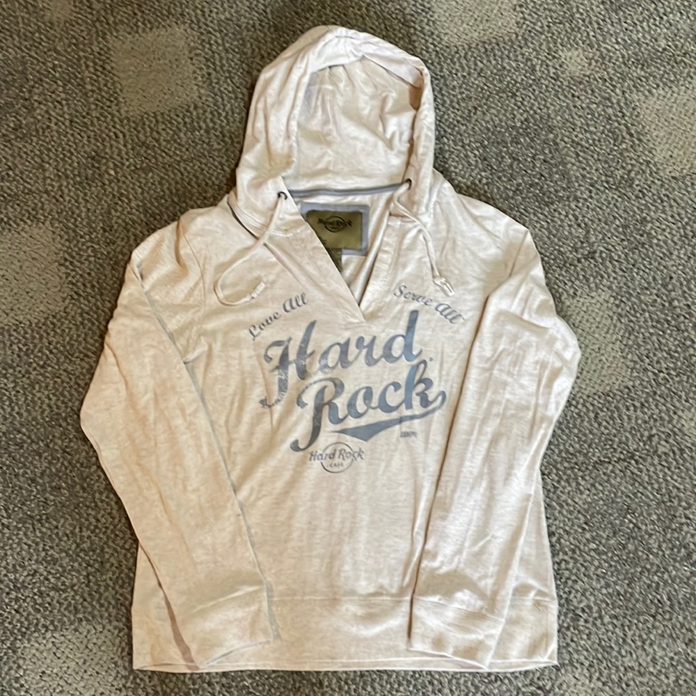 Hard Rock woman’s XL, tan, long-sleeved, hooded cotton shirt